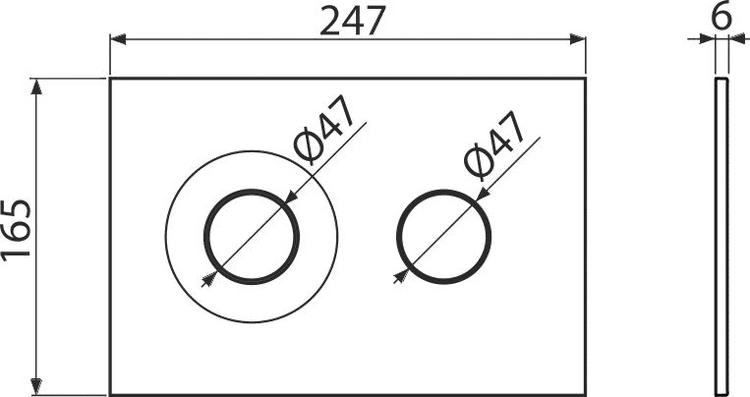 Maßzeichnung einer Betätigungsplatte für Toiletten mit einer Breite von 247 Millimeter, einer Höhe von 165 Millimeter und einer Tiefe von 6 Millimeter.