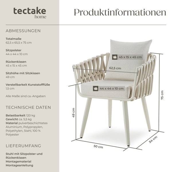 Tectake Home Stuhl mit Sitzpolster und Rückenkissen aus Aluminium und Kunststoff mit Maßangaben