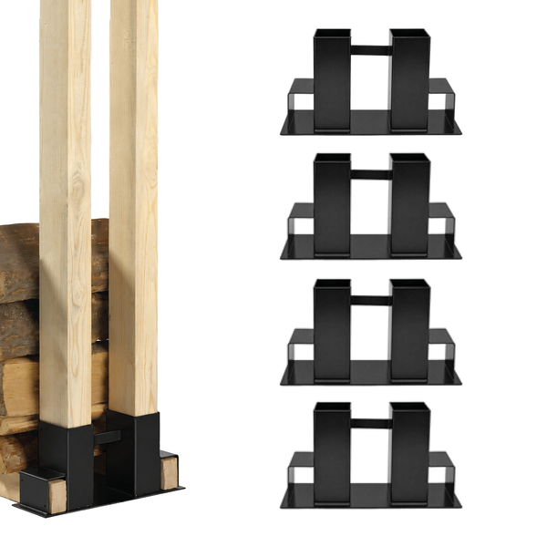 Set von vier Kaminholzregal Halterungen aus Metall für zwei quadratische Holzbalken zur Lagerung von Brennholz.