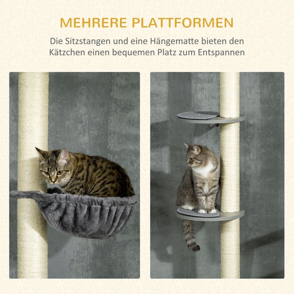 PawHut Kratzbaum, Katzenkratzbaum Deckenhoch, 230-250 cm, Kletterbaum mit Hängematte, Katzenbaum Höhenverstellbar, Spielbaum mit Kippschutz, Plüsch, Grau+Cremeweiß