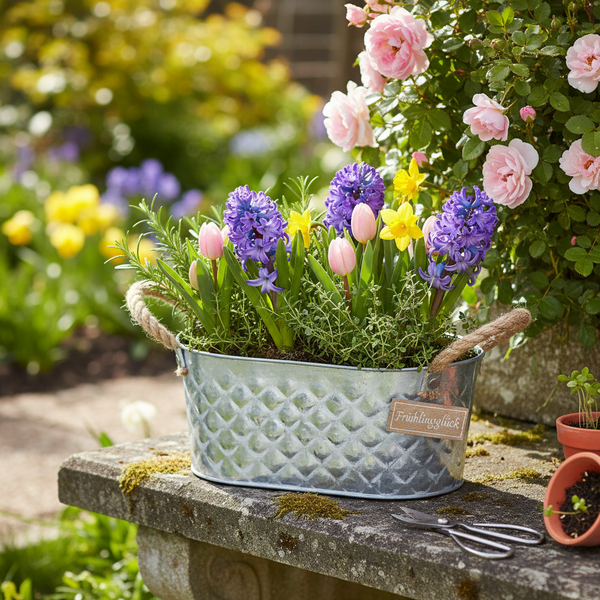 Zink-Pflanzkübel mit Rautenmuster und Seilgriffen, bepflanzt mit Hyazinthen, Tulpen und Narzissen auf einer Gartenbank aus Stein.