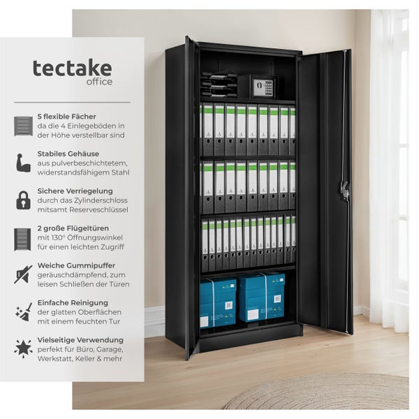 Schwarzer Flügeltürenschrank von tectake office mit Fächern, Ordnern und Safe