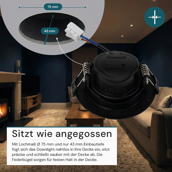 Schwarzer LED Einbaustrahler mit Maßangaben für Bohrloch und Einbautiefe in Wohnraum-Szene