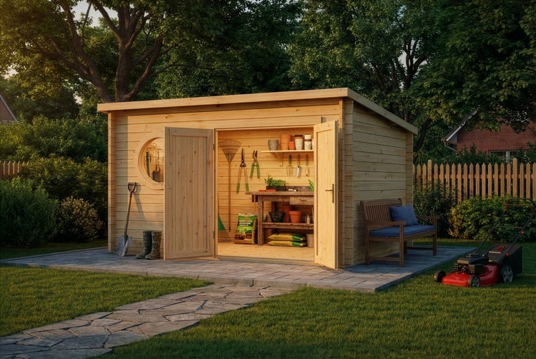 Modernes Gartenhaus aus Holz in Anthrazit mit weißer Doppeltür, einem runden Fenster und Pultdach im Garten.