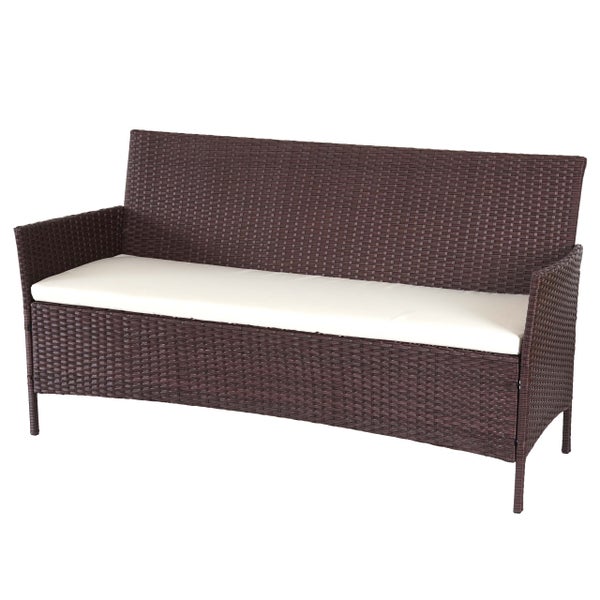 Gartenbank 3-Sitzer aus Polyrattan in Dunkelbraun mit hellem Sitzkissen.