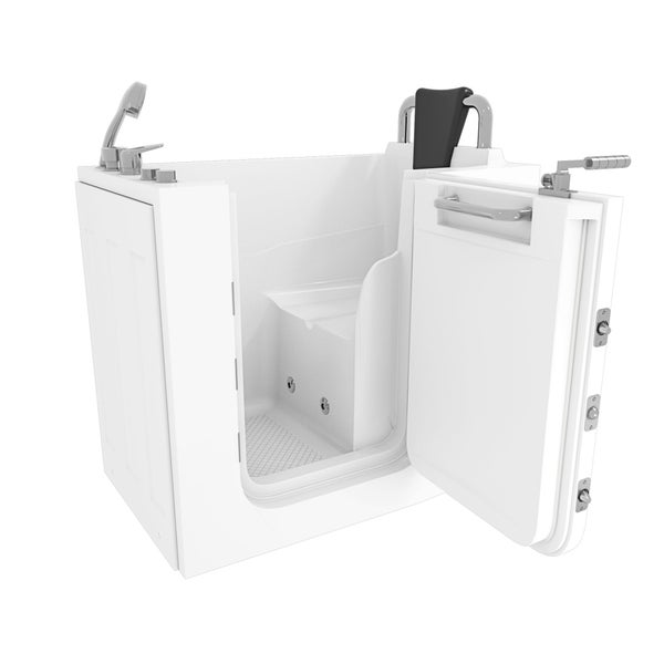 Seniorenbadewanne mit integrierter Tür, Sitzgelegenheit und Duscharmatur für barrierefreien Zugang.