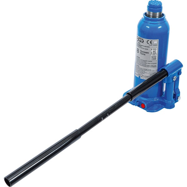 Hydraulischer Flaschenwagenheber von BGS technic mit einer Tragkraft von 8 Tonnen und einer Pumpstange.