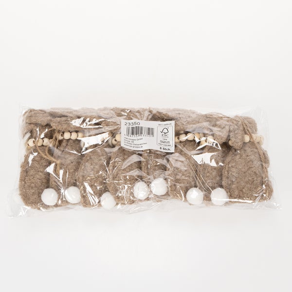Verpackung mit acht Dekohänger Hasen aus Textil mit Holzperlen