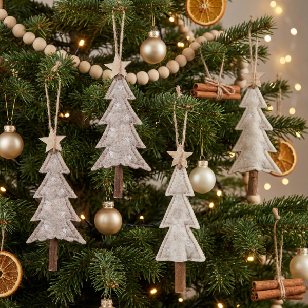Weihnachtsbaumschmuck in Tannenbaumform aus Filz mit Holzstamm und Stern an einem Weihnachtsbaum mit Kugeln und Trockenfrüchten.