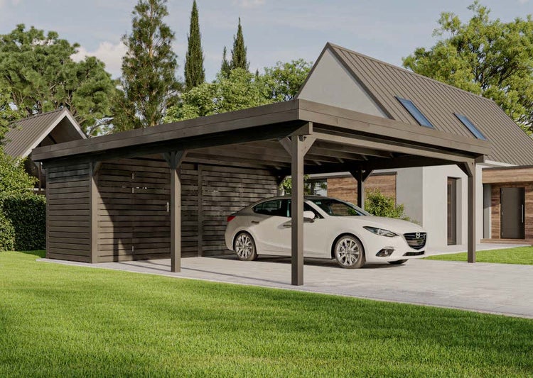 Alpholz Doppelcarport Freya Grey Line Carport aus Holz in Grau, Unterstand inklusive Geräteraum, Überdachung mit Montagematerial