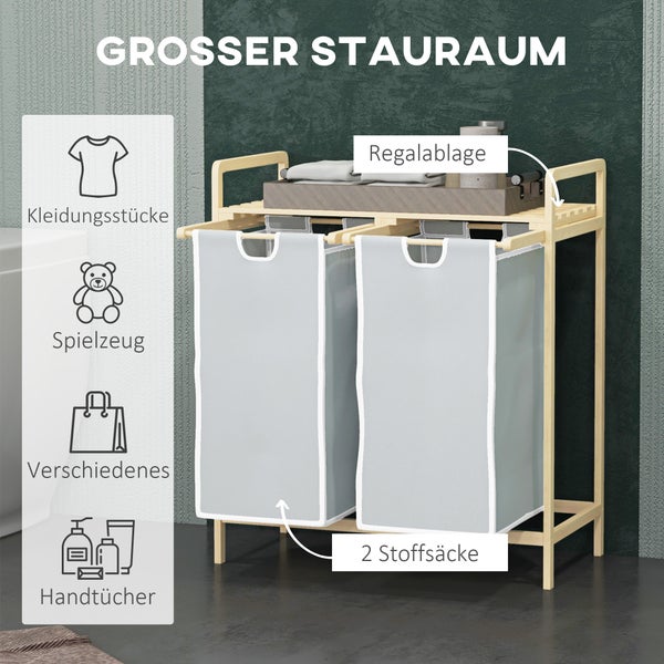 HOMCOM Bambus Wäschekorb 2 Fächer Wäschesammler mit Griff, 2 abnehmbaren Wäschesacke, Plattform, Wäschebox Wäschesortierer für Waschküche Schlafzimmer Badezimmer Natur+Creme