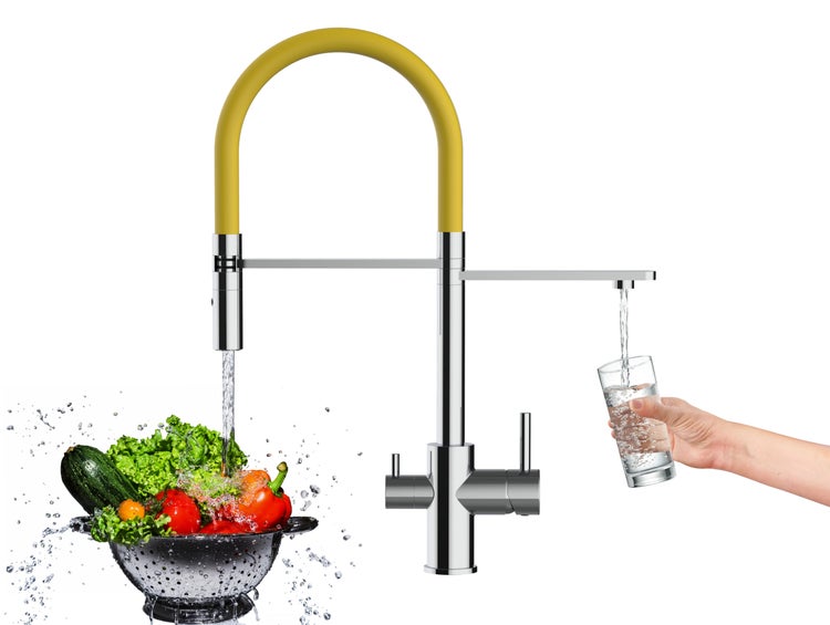 3 Wege Wasserhahn Küchenarmatur, FL, mit 360° schwenkbarem Auslauf, abnehmbare 2 strahl Handbrause, Verchromt / Gelb