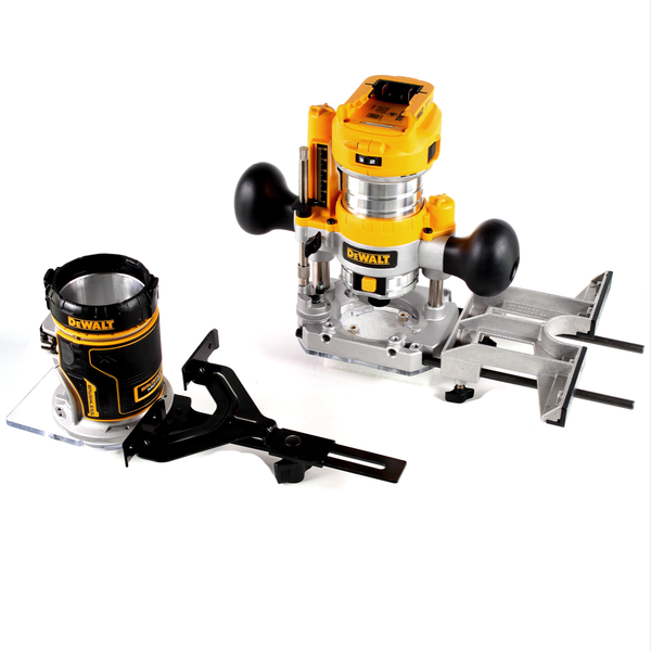 DeWalt Akku-Oberfräse Set mit Tauchbasis, fester Basis und Parallelanschlag für präzise Holzarbeiten.