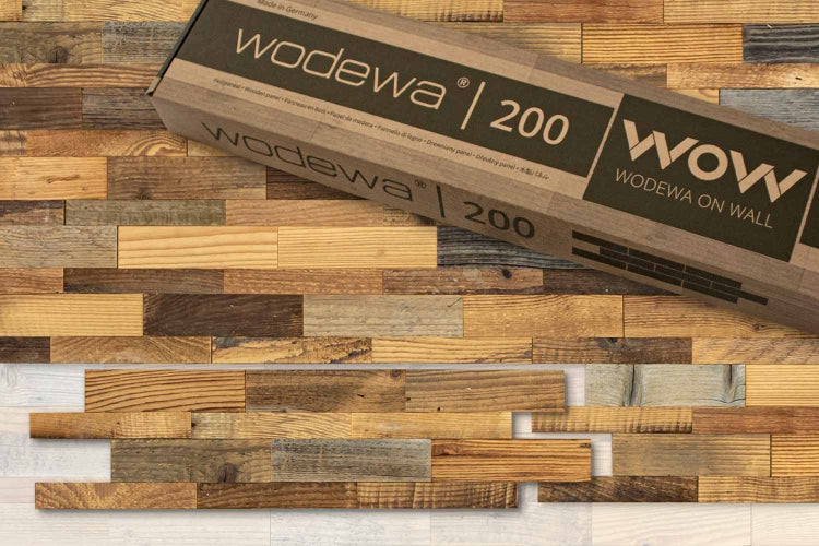 Holzpaneele der Marke Wodewa Modell 200 und eine Verpackung