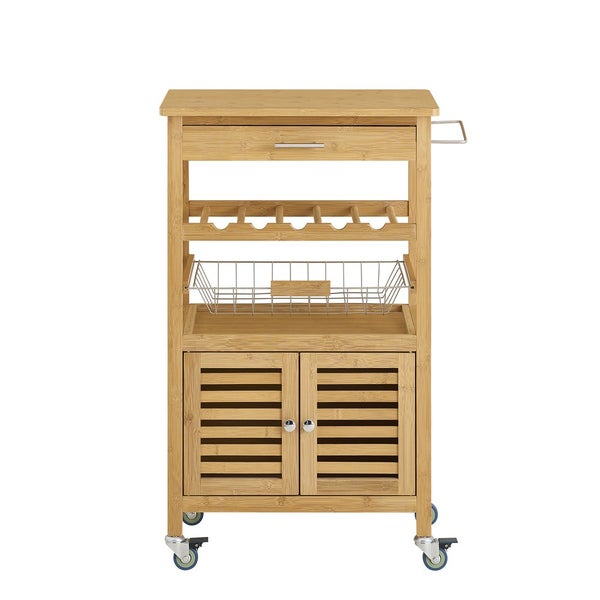 Servierwagen aus Bambus mit Schublade, Weinfach, Korb und Schranktüren