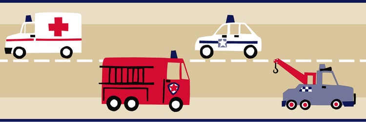 ESTAhome Tapetenbordüre Feuerwehrautos und Polizeiautos Beige, Rot und Blau - 17,06 cm x 5 m - 177305
