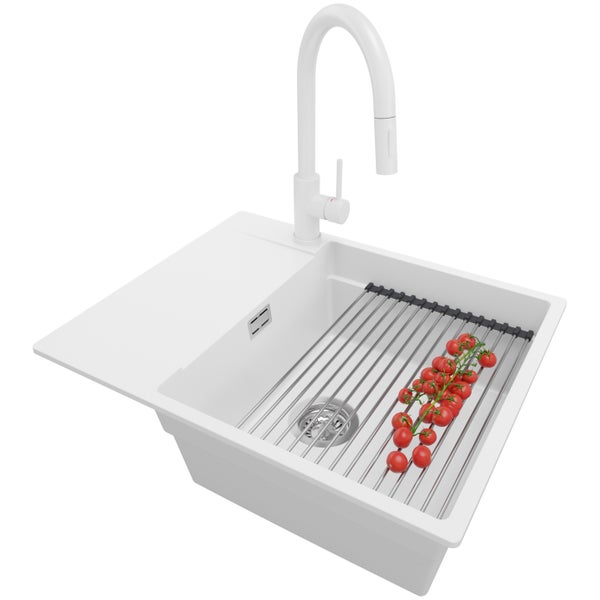 PRIMAGRAN Granitspüle Weiß 62x50cm, Spülbecken 1 Becken + Küchenarmatur 40x20cm + Ablauf-Set + Aufrollbare Abtropffläche, Küchenspüle ab 50er Unterschrank - San Francisco