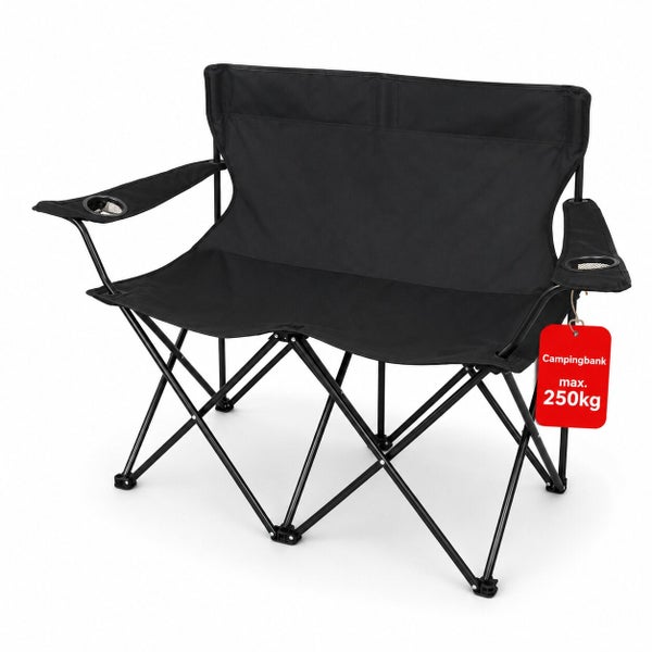 Schwarze klappbare Campingbank mit zwei Sitzen und Getränkehaltern mit einer maximalen Belastbarkeit von 250 Kilogramm.