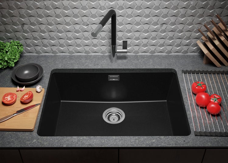 PRIMAGRAN Unterbauspüle Granit Alles Schwarz 66x47cm, Spülbecken 1 Becken + Ablauf-Set, Granitspüle ab 70er Unterschrank - London