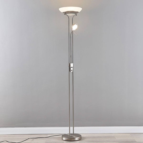 Stehleuchte Deckenfluter mit Lesearm, Metallgestell in Nickel-Optik, weiße Schirme.