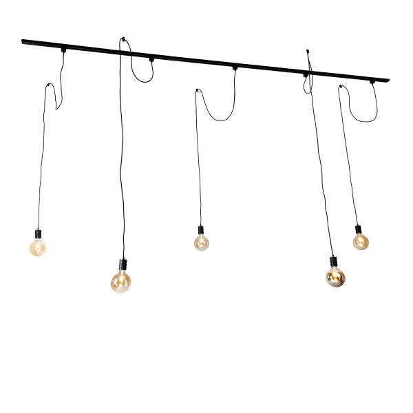 Schienenleuchte mit fünf Pendelleuchten und LED Filament Leuchtmitteln für eine moderne Beleuchtung im Innenbereich.