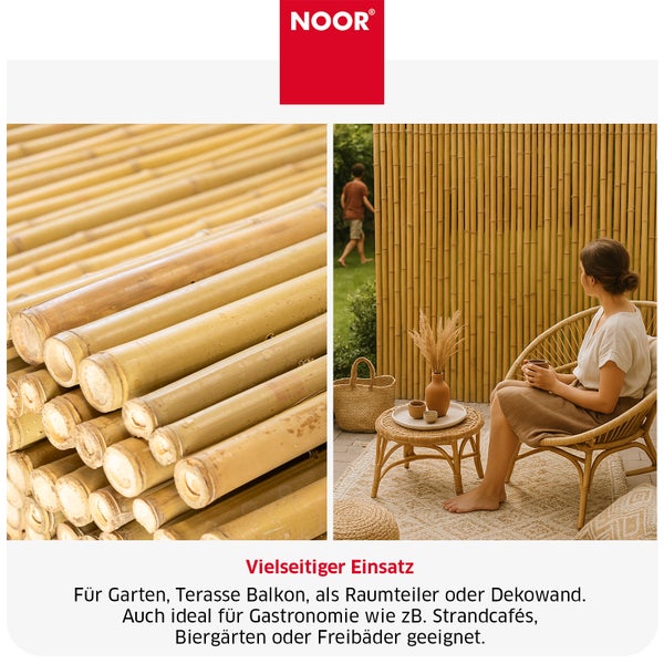 Noor Bambus Sichtschutzmatte für Garten, Terrasse und Balkon als Raumteiler oder Dekowand, vielseitig einsetzbar auch in der Gastronomie.