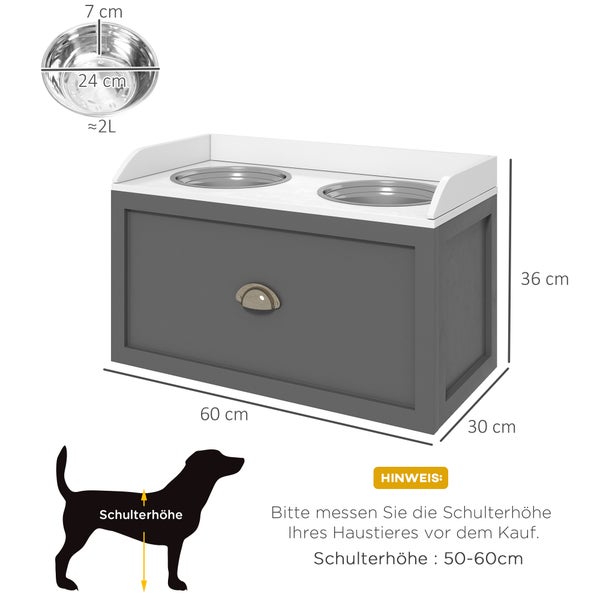 PawHut Hundenapf, 2 x 2L Futternapf, erhöhter Fressnapf mit Schublade, Edelstahlnapf, Futterstation für große Hunde, Grau