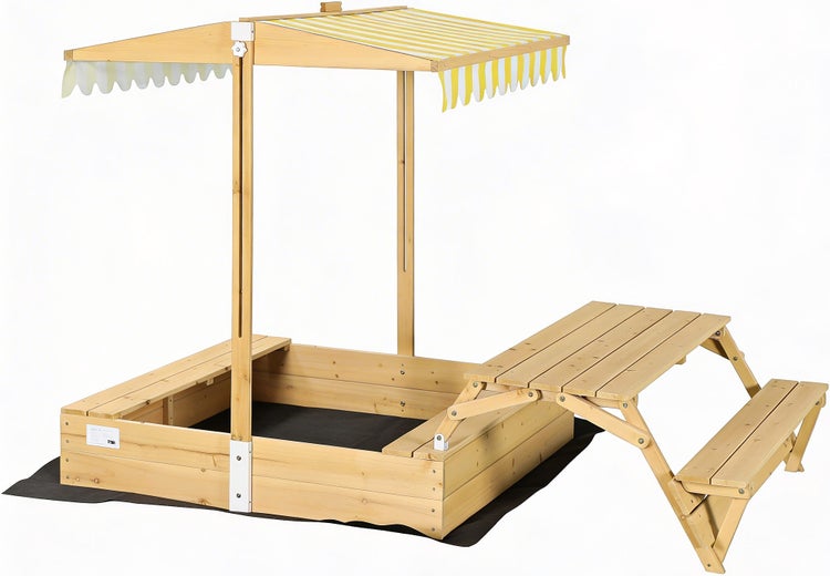 Sandkasten aus Holz mit höhenverstellbarem Dach und integrierter Picknick-Sitzgruppe.