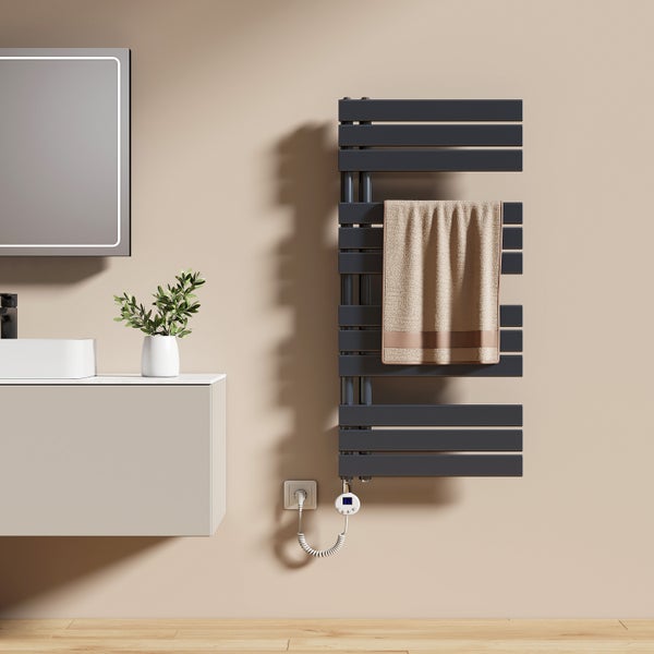 EMKE Elektrischer Handtuchheizkörper 104x50 cm, Design-Paneelheizkörper mit Thermostat & Timer, 600 W, vertikaler Flachheizkörper, Anthrazit, seitlich offen, für Badezimmer
