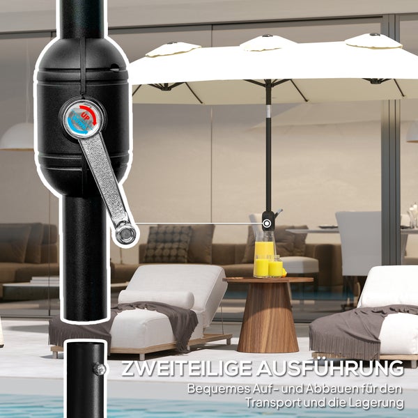 Rechteckiger Sonnenschirm mit Kurbel und zweiteiligem Mast im Außenbereich.