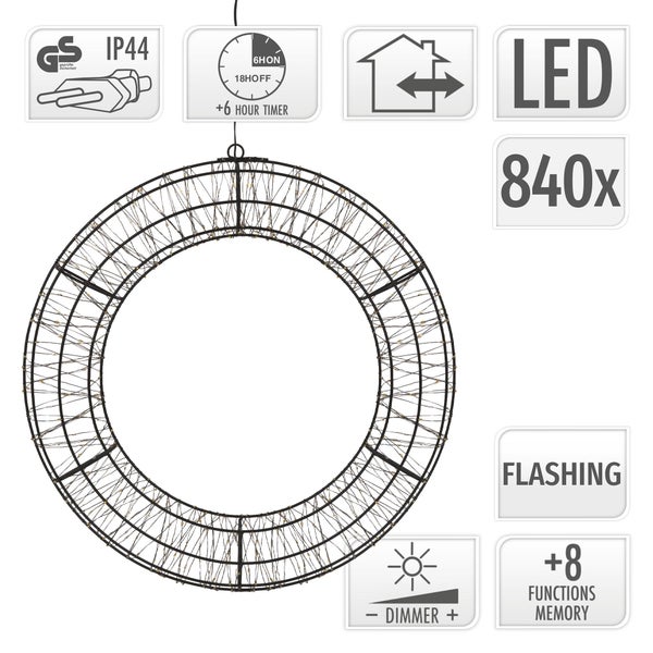 LED Lichterkranz mit 840 LEDs, Timerfunktion, Dimmer und 8 Leuchtfunktionen für den Innen- und Außenbereich mit Schutzart IP44.
