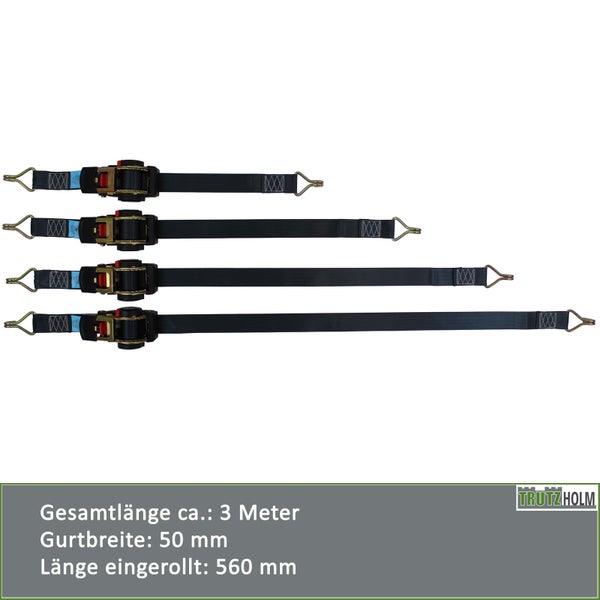 Set aus vier Zurrgurten mit Ratschenmechanismus von Trutzholm mit einer Gesamtlänge von circa 3 Metern und einer Gurtbreite von 50 Millimetern