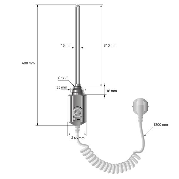 ECD Germany Heizstab 600W Chrom für Badheizkörper, Heizpatrone mit Thermostat für Heizkörper, Elektronischer Temperaturregler, Heizelement mit Stecker, Elektroheizstab für Heizungen & Handtuchtrockner