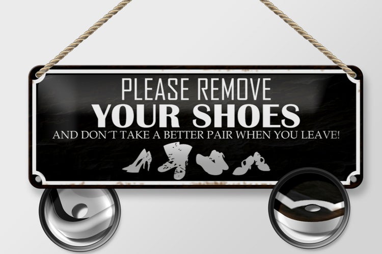 Blechschild Spruch 27x10cm please remove your shoes schwarzes Schild