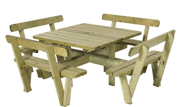 Quadratischer Picknicktisch, Gartentisch, Gartenmöbel  - KDI Holz - 8 Plätze - mit Rückenlehne