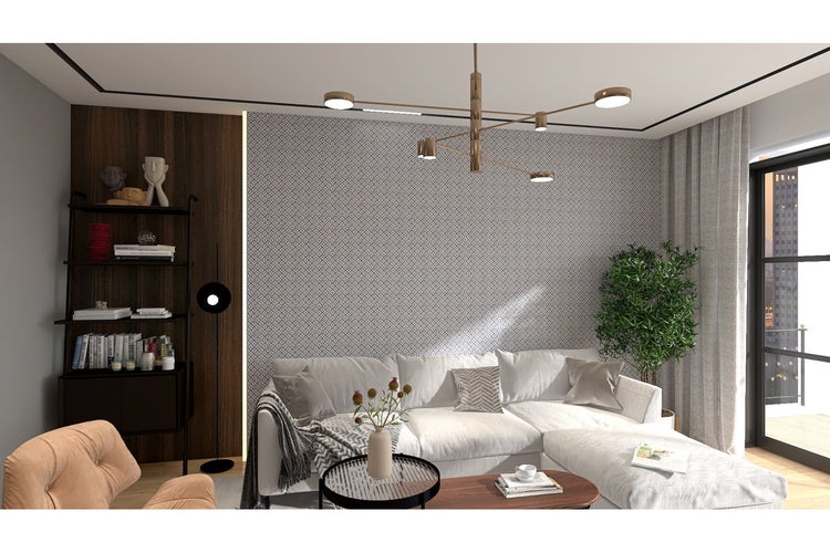 Wohnzimmer mit Sofa, Regal und Beleuchtung