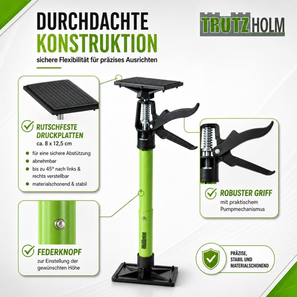Trutzholm Deckenstütze mit Pumpmechanismus, rutschfesten Druckplatten und Federknopf zur Höhenverstellung für präzises Arbeiten.
