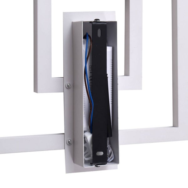 Rückansicht einer Wandleuchte mit quadratischen Rahmen, schwarzer Montagehalterung, weißem Gehäuse, Leuchtdiodentreiber und Verkabelung.