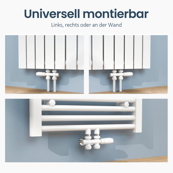 EMKE Heizkörperthermostat Multiblock-Set – Anschlussarmatur mit Thermostat für Heizkörper und Handtuchtrockner, Heizungszubehör in Eck- und Durchgangsform φ16xG1/2, Weiß