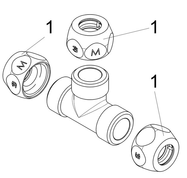 T-Stück mit drei Überwurfmuttern 15 Millimeter für Rohrverbindungen.