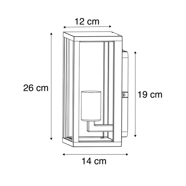 Außenwandleuchte Maße: Höhe 26 Zentimeter, Breite 14 Zentimeter, Tiefe 12 Zentimeter, Wandhalterung 19 Zentimeter.