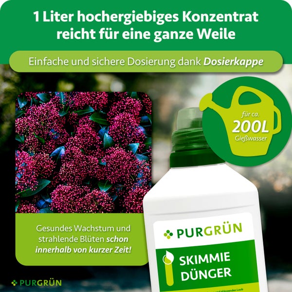 Eine Flasche Purgrün Skimmie Dünger Konzentrat mit Dosierkappe für zweihundert Liter Gießwasser für gesundes Pflanzenwachstum.