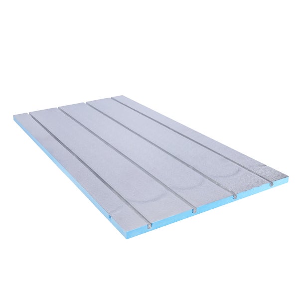 Systemdämmplatte mit Rohrführungsrillen für Fußbodenheizung, aus Polystyrol mit Aluminiumschicht.