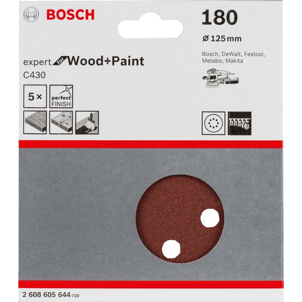 Bosch 5x Schleifblatt C430 Expert for Wood 8 Löcher Klett 125 mm K180 - 2608605644