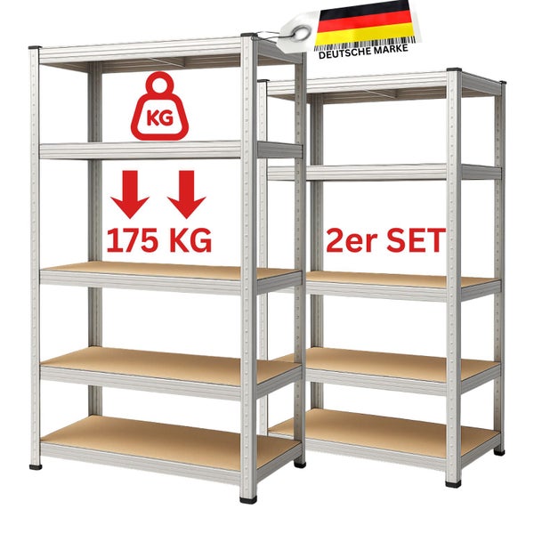 Zwei Metallregale mit vier Ebenen und einer maximalen Traglast von 175 Kilogramm