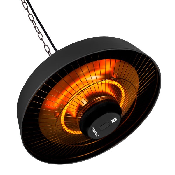 Vonroc Infrarot-Hängeheizstrahler mit schwarzem Gehäuse, Metall-Schutzgitter und leuchtendem Heizelement an einer Kette.