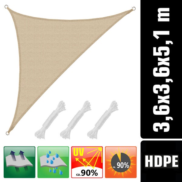 AMANKA UV Sonnensegel 3,6x3,6x5,1 HDPE Dreieck Rechtwinklig Sonnenschutz Plane Balkon Garten Beige
