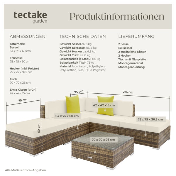 Rattan Lounge tectake Paris mit Sicherheitsglasplatte mit Aluminiumgestell natur