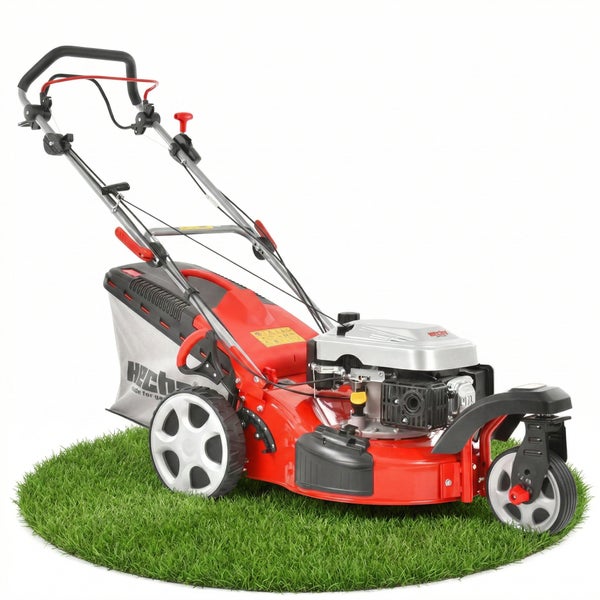 Hecht Benzin-Rasenmäher mit drei Rädern und Grasfangkorb auf einer Rasenfläche.