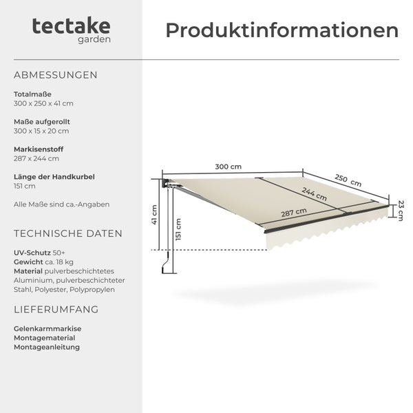 Gelenkarmmarkise tectake Ornella inkl. Wandhalterung verschiedene Größen beige